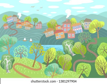 Vector illustration. Cute landscape. Sea, coast, hills, houses, trees.