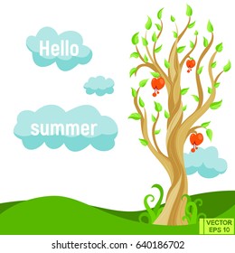 Vector illustration. Cute landscape with an unusual tree. Hello summer! Background with an abstract plant.