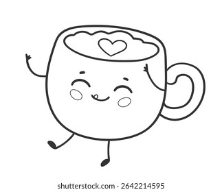 Vector illustration of cute latte mug with smiling face, heart foam art and playful pose. Line art isolated illustration.
