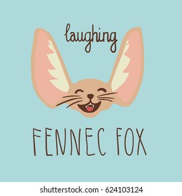 Vector illustration of cute laughing fennec fox head with ears and whiskers, beige brown, front view. Light blue background with hand drawn lettering. 
