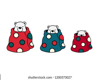Vector illustration of cute lazy polar bear cartoon character wrapped by red and green blanket on white background.
