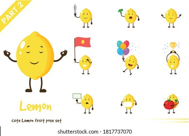 Vector illustration of cute lemon fruit poses set. Isolated on white background.