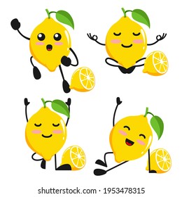 vector illustration of cute lemon fruit yoga meditation theme bundle set. cute lemon fruit Concept White Isolated. Flat Cartoon Style Suitable for Landing Page, Banner, flyer, Sticker.