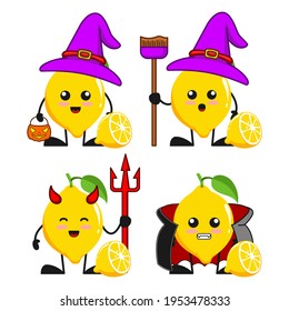 vector illustration of cute lemon fruit halloween theme bundle set. cute lemon fruit Concept White Isolated. Flat Cartoon Style Suitable for Landing Page, Banner, flyer, Sticker.