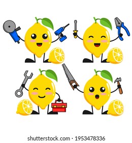 vector illustration of cute lemon fruit service and repair theme bundle set. cute lemon fruit Concept White Isolated. Flat Cartoon Style Suitable for Landing Page, Banner, flyer, Sticker.
