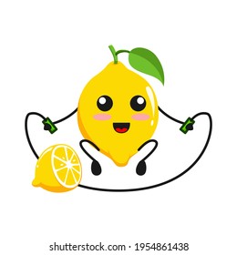 vector illustration of cute lemon fruit sport or character play jump rope. cute lemon fruit Concept White Isolated. Flat Cartoon Style Suitable for Landing Page, Banner, Flyer, Sticker.