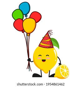 vector illustration of cute lemon fruit birthday or character holding balloon. cute lemon fruit Concept White Isolated. Flat Cartoon Style Suitable for Landing Page, Banner, Flyer, Sticker.