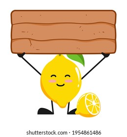 vector illustration of cute lemon fruit with blank wood word. cute lemon fruit Concept White Isolated. Flat Cartoon Style Suitable for Landing Page, Banner, Flyer, Sticker.
