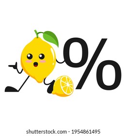 vector illustration of cute lemon fruit business or character with percent. cute lemon fruit Concept White Isolated. Flat Cartoon Style Suitable for Landing Page, Banner, Flyer, Sticker.