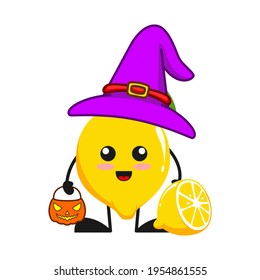 vector illustration of cute lemon fruit halloween or character witch pumpkin. cute lemon fruit Concept White Isolated. Flat Cartoon Style Suitable for Landing Page, Banner, Flyer, Sticker.