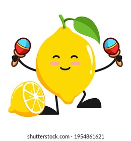 vector illustration of cute lemon fruit music or character playing maraca. cute lemon fruit Concept White Isolated. Flat Cartoon Style Suitable for Landing Page, Banner, Flyer, Sticker.