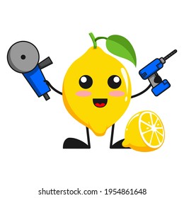 vector illustration of cute lemon fruit service or character holding grinder drill. cute lemon fruit Concept White Isolated. Flat Cartoon Style Suitable for Landing Page, Banner, Flyer, Sticker.