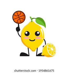 vector illustration of cute lemon fruit sport or character play basket ball. cute lemon fruit Concept White Isolated. Flat Cartoon Style Suitable for Landing Page, Banner, Flyer, Sticker.