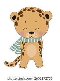 Vector illustration of a cute leopard character with a striped green scarf, smiling and looking friendly and adorable.