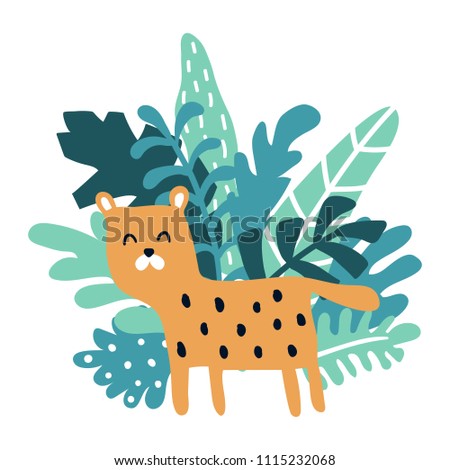 vector illustration, cute leopard and green leaves