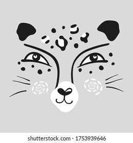 Vector illustration of a cute leopard. The head of a cat. Spotted cat, baby of a wild cat. Illustration for printing on baby clothes, postcards, packaging.