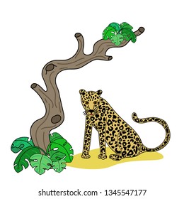 Vector illustration of cute leopard on tropical tree isolated on white background. With floral elements. Doodle hand drawn flat picture in trendy style