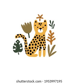 ilustración vectorial de un leopardo lindo sentado en hojas de selva, huella graciosa para niños arte de pared, ropa, afiches