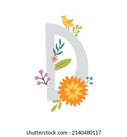 vector illustration, cute letter D and flowers, nursery room monogram, kids name poster, wall art