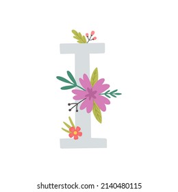 vector illustration, cute letter I and flowers, nursery room monogram, kids name poster, wall art
