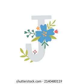 vector illustration, cute letter J and flowers, nursery room monogram, kids name poster, wall art