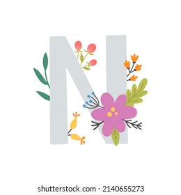 vector illustration, cute letter N and flowers, nursery room monogram, kids name poster, wall art