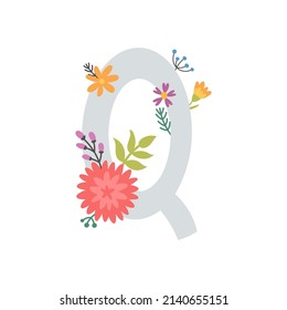 ilustración vectorial, letra linda Q y flores, monograma de sala de crianza, afiche de nombres de niños, arte de pared