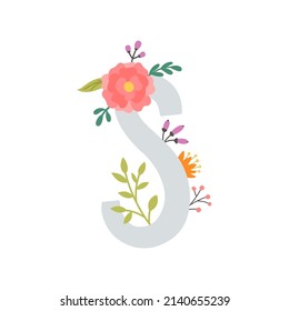 vector illustration, cute letter S and flowers, nursery room monogram, kids name poster, wall art