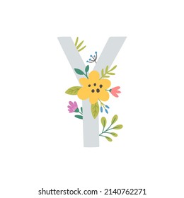 vector illustration, cute letter Y and flowers, nursery room monogram, kids name poster, wall art
