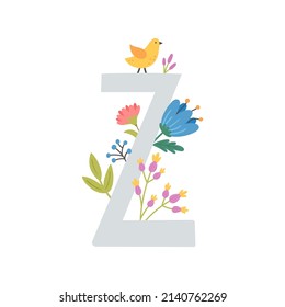 vector illustration, cute letter Z and flowers, nursery room monogram, kids name poster, wall art