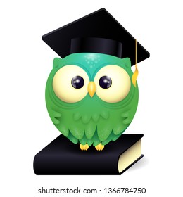 Vector Illustration of a cute lillte Owl wearing graduation cap and sitting on a black book with nice gradients isolated on white background