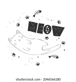 Vector illustration with cute line art cat and hand drawn lettering Meow isolated on white background. Design for t-shirt print, card, poster, fabric