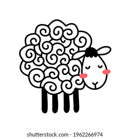 Vector illustration of cute line sheep with curly wool on white color background