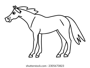  Vector illustration of  cute linear horse. Black and white graphic for kids coloring book.