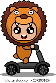 vector illustration of cute lion animal mascot costume cartoon character riding a scooter