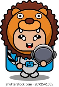 vector illustration of cute lion animal cartoon character mascot costume holding astronaut helmet