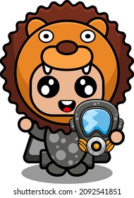 vector illustration of cute lion animal cartoon character mascot costume in gas mask