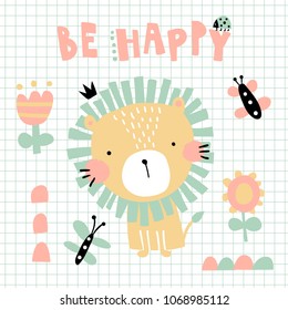 vector illustration, cute lion and be happy hand lettering text