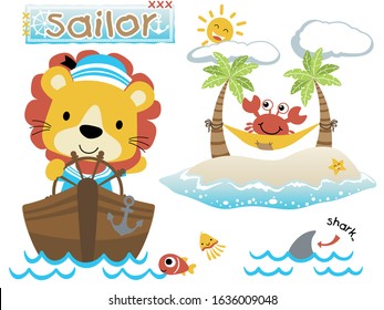 Vector illustration of cute lion cartoon in sailor costume on boat,  sailing elements with marine animals, island