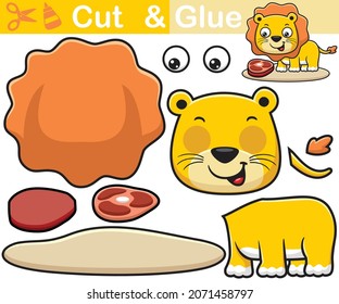 Vector illustration of cute lion cartoon with meat. Education paper game for kids. Cutout and gluing