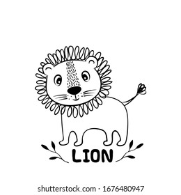 Ilustración vectorial de un león lindo con hojas de palma, impresión infantil en ropa