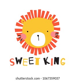 vector illustration, cute lion face and sweet king text