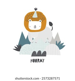 Vector illustration of cute lion in festive cap. Mountains, landscape with humps. African animals. Jungle. Safari party. Perfect for invitations, postcards. Children's birthday party. Newborn.