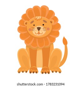 Vector illustration of a cute lion in flat style. Cartoon illustration drawn for children. Illustrations for books for children, printing on cards. Safari animal, swarm of animals, cute and kind lion