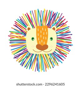 Vector illustration of cute lion head with colourful hair design on white background