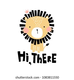 vector illustration, cute lion and hi there hand lettering text