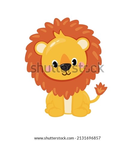 Vector illustration of cute lion isolated in cartoon style on white background. Use for kids app, game, book, clothing print T-shirt print, baby shower.