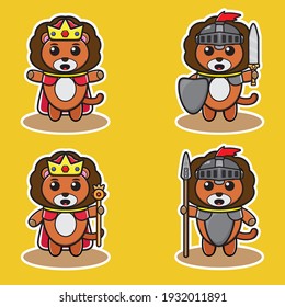 Vector illustration of cute Lion King and knight cartoon set. Lion king and knight set. Good for icon, logo, label, sticker, clipart.