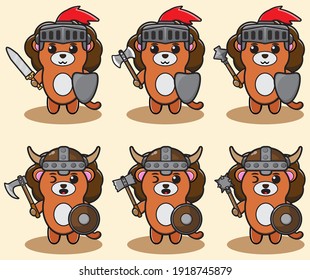 Vector illustration of cute Lion Knight cartoon. Cute Lion expression character design bundle. Good for icon, logo, label, sticker, clipart.