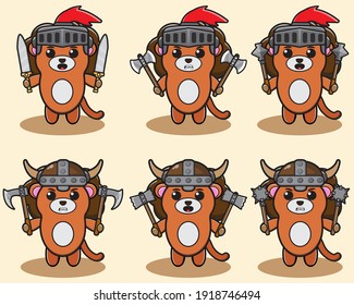 Vector illustration of cute Lion Knight Dual weapon set. Cute Lion expression character design bundle. Good for icon, logo, label, sticker, clipart.